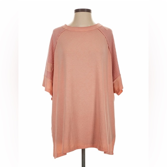 POL Tops - POL Peachy Coral Oversized Waffle-Knit Sleeves Tunic